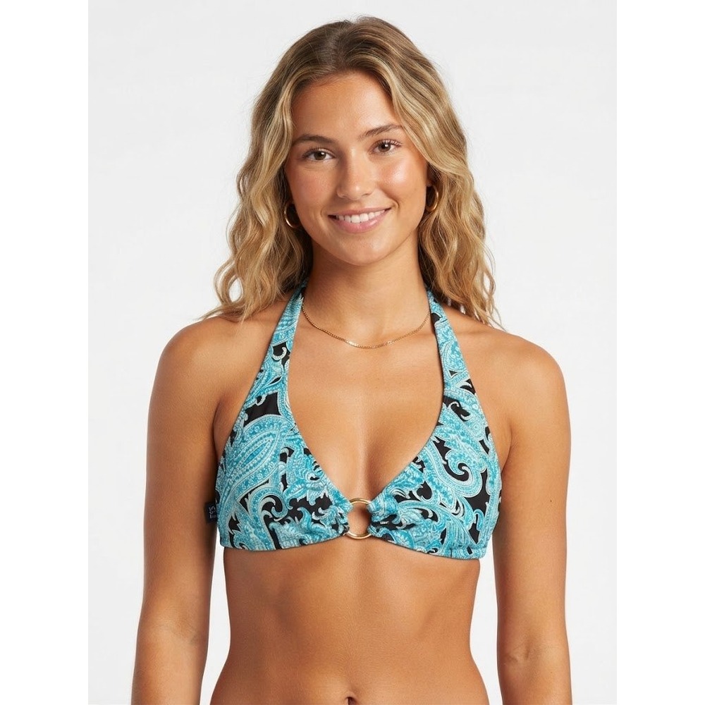 Chaps Bikini Top Womens 12 Blue Paisley Excellent Halter O-Ring Swimwear